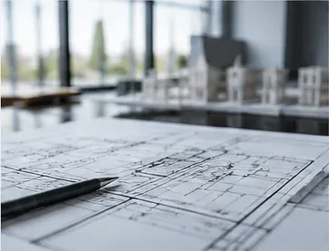 Architectural drawings and a physical building model on a design studio table
