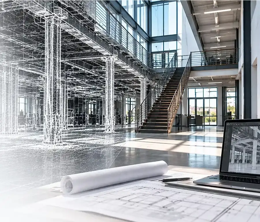 Bright multi-story atrium with a steel staircase, half rendered as a white point-cloud wireframe, above drawings and a laptop