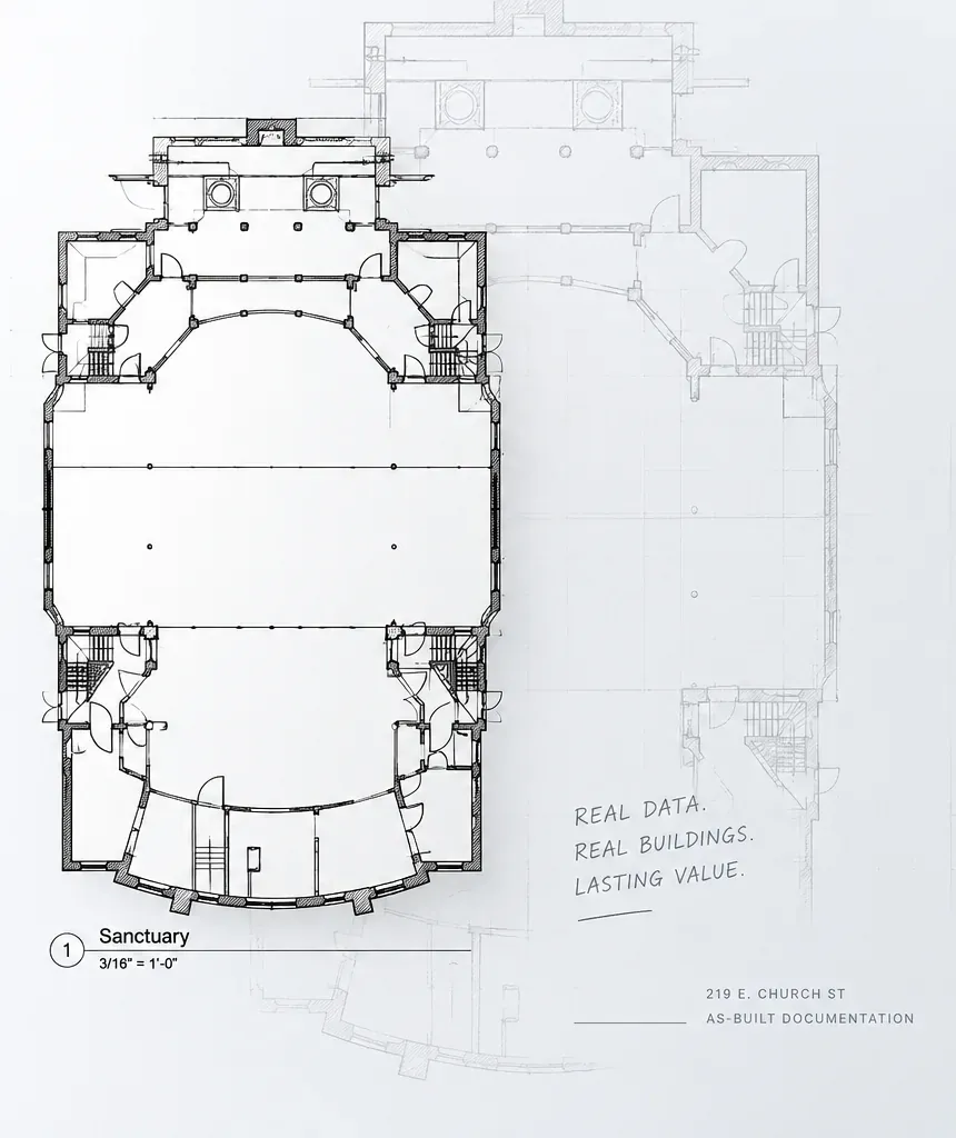 As-built floor plan of a church sanctuary produced from laser scan data