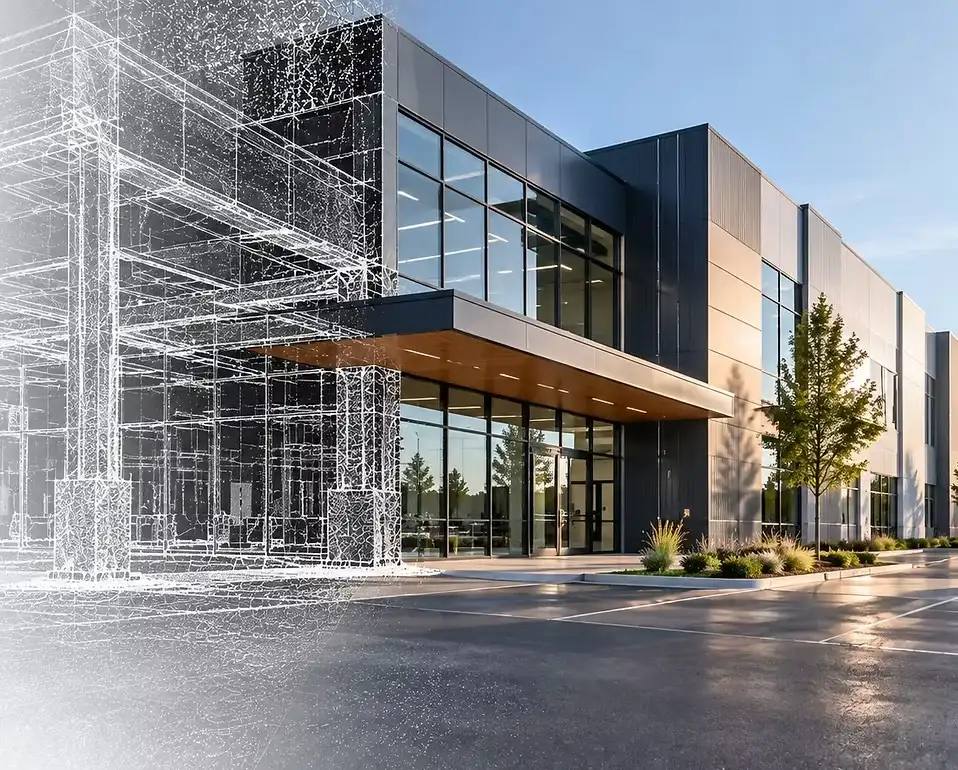 Modern commercial building with a glass entrance, its left side rendered as a white point-cloud wireframe