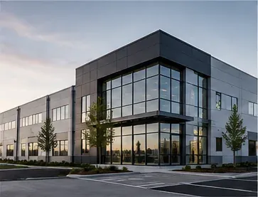 Modern commercial office building with a glass entrance at dusk