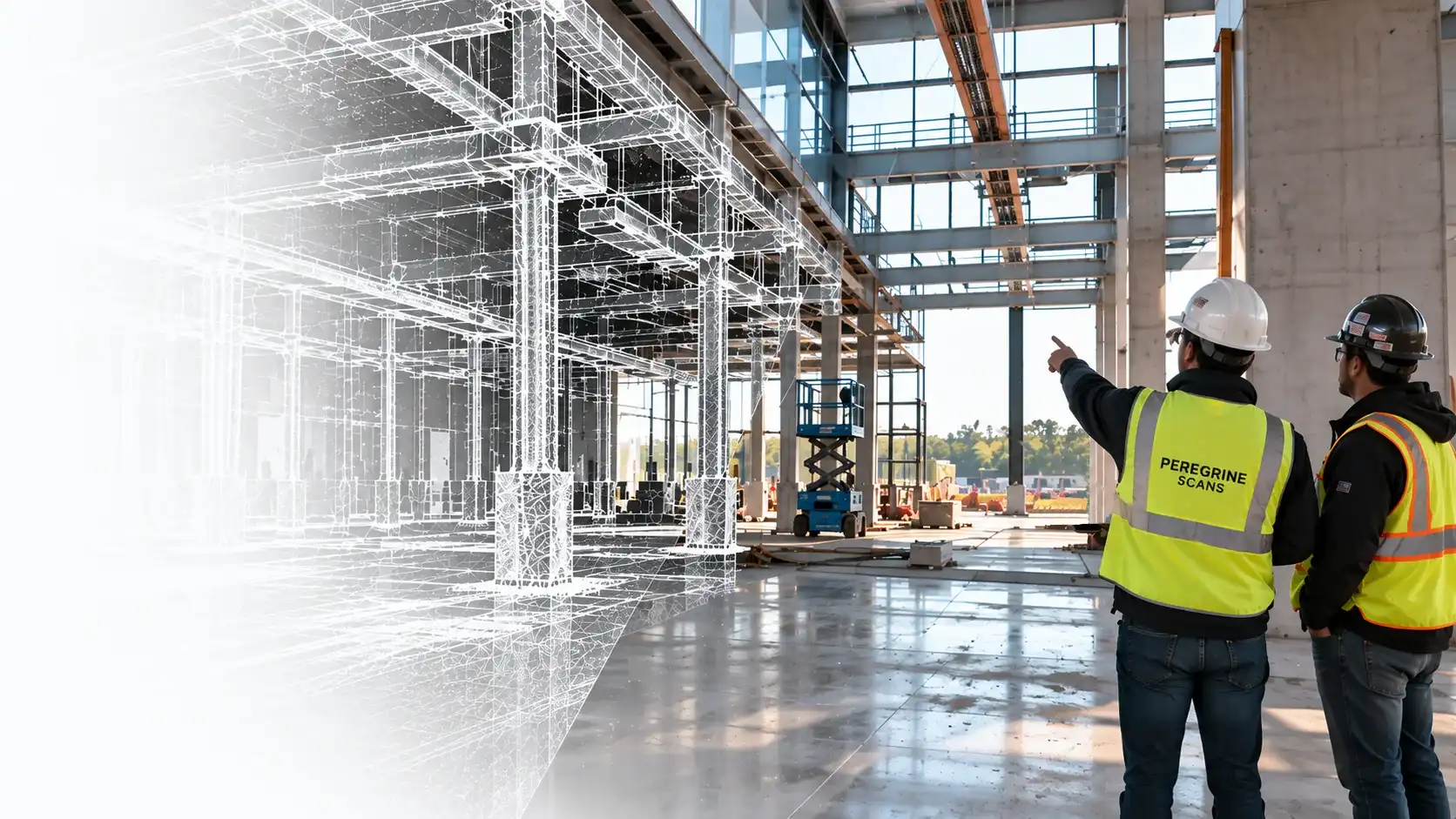 Two Peregrine Scans field technicians in hard hats on a steel-framed construction site, the structure fading into a point-cloud wireframe