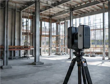 Laser scanner capturing a steel-framed building under construction
