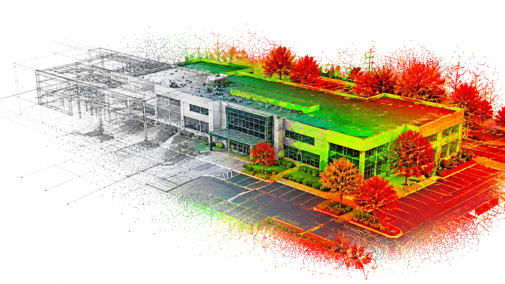 Colorized 3D laser scan point cloud of a two-story commercial office building, parking lot and trees