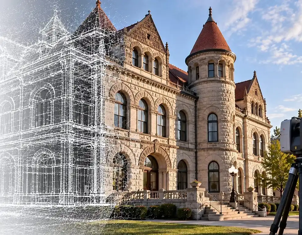 Romanesque stone civic building with a round turret, partly rendered as a white point-cloud wireframe, with a laser scanner on a tripod