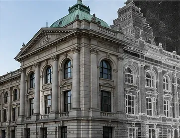 Historic civic building facade transitioning into a point-cloud rendering