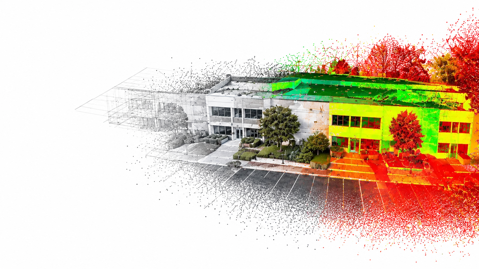Point cloud of a two-story office building, shifting from a gray wireframe into colorized scan data