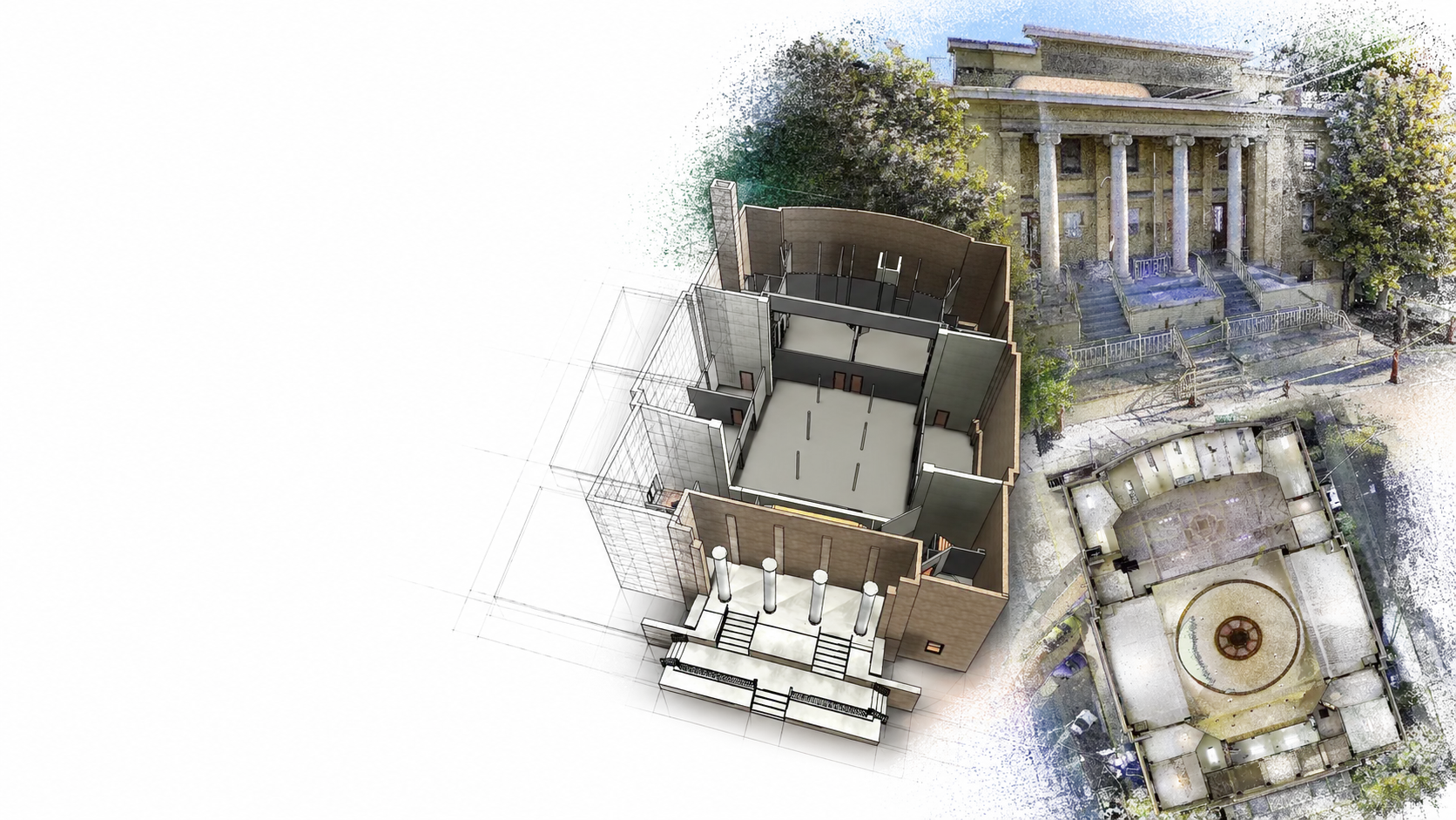 Revit model of a historic columned building shown beside its exterior point cloud and a top-down interior scan