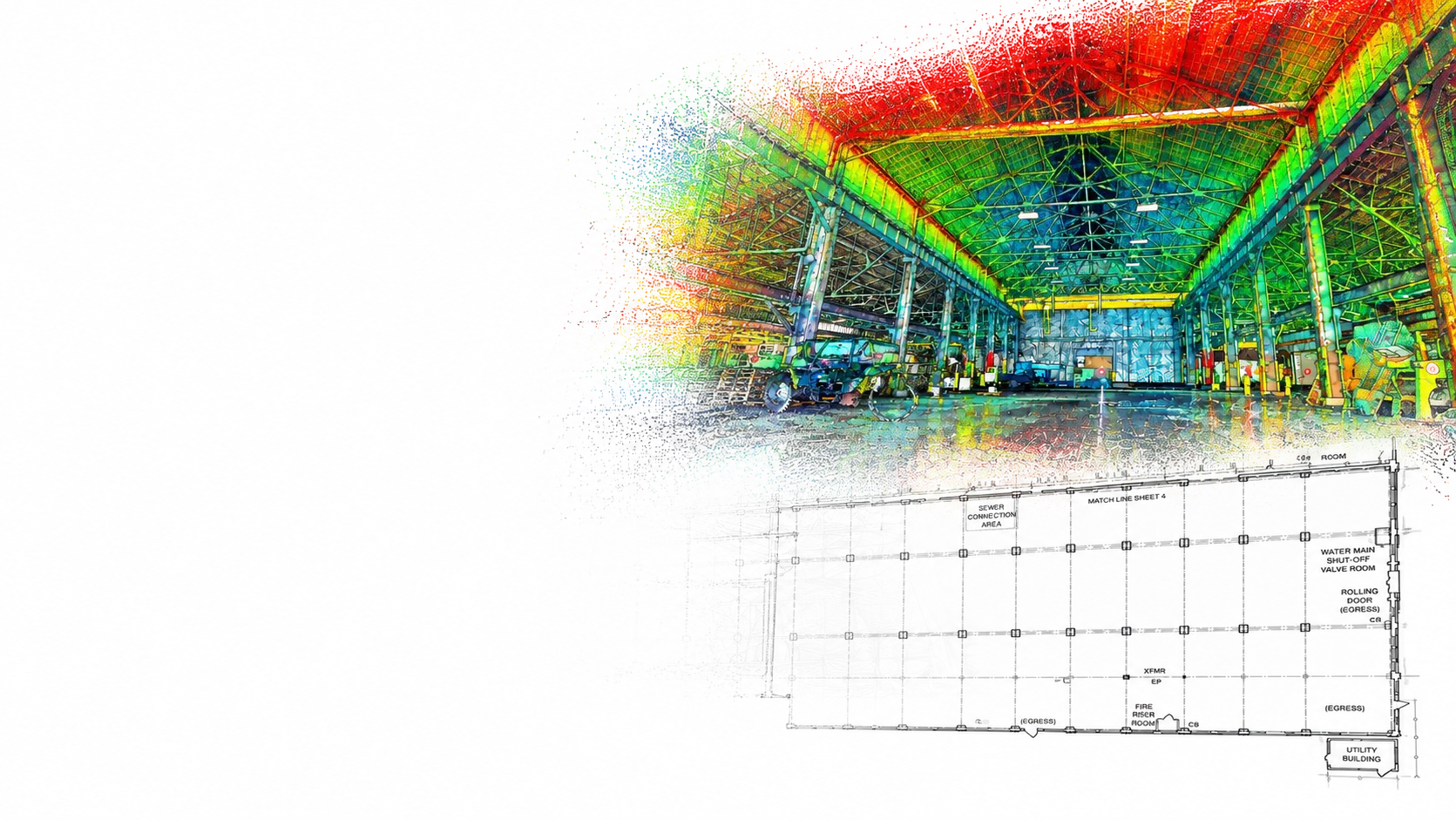 Colorized point cloud of a warehouse interior above the as-built CAD floor plan drawn from it