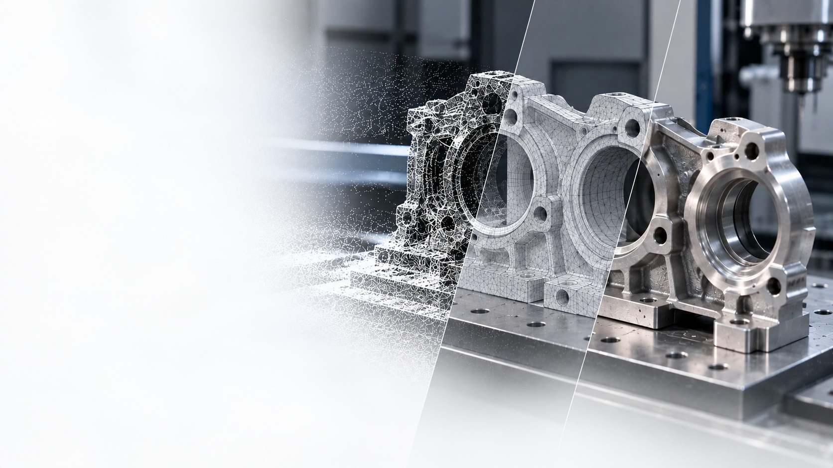 Machined metal part shown in three stages: raw scan points, triangulated mesh, and the finished component